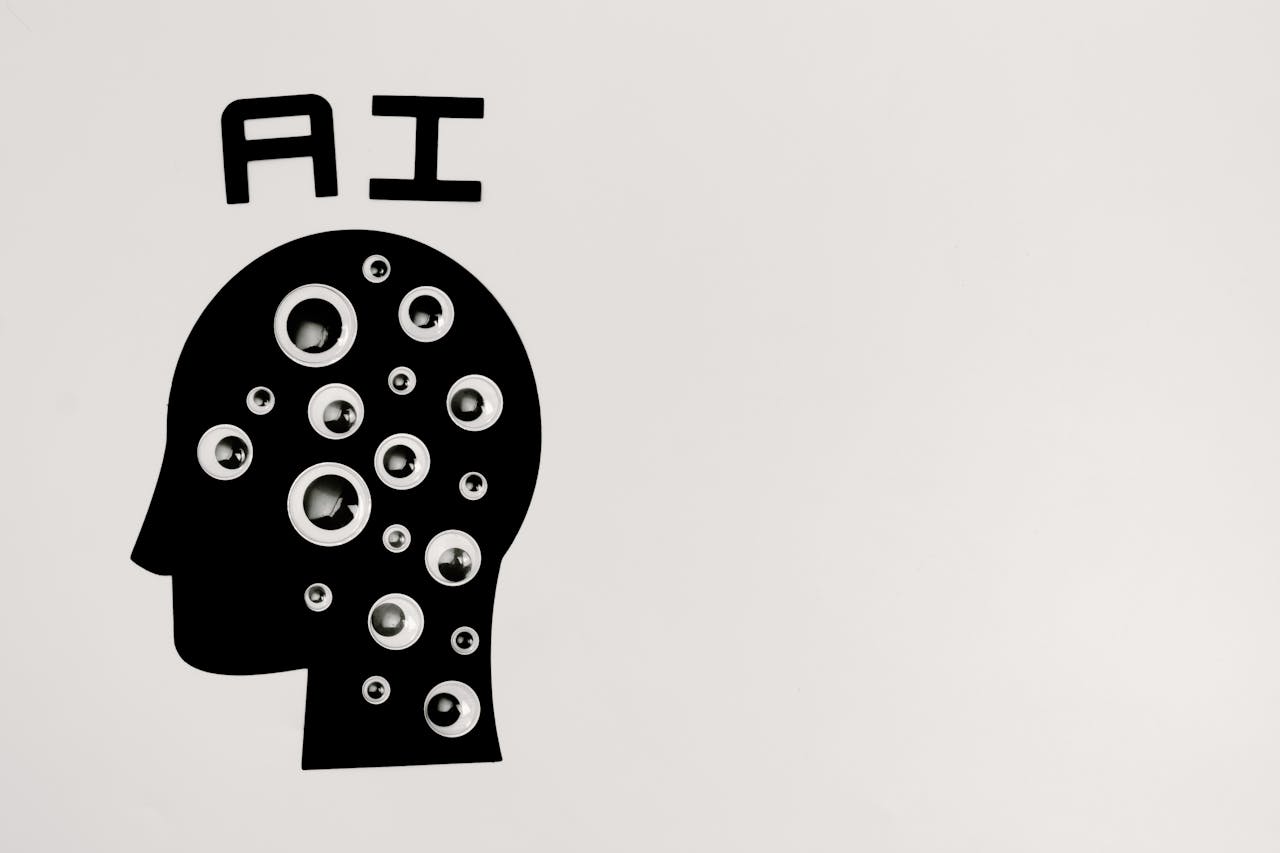 hero-img-01 Abstract illustration of AI with silhouette head full of eyes, symbolizing observation and technology.